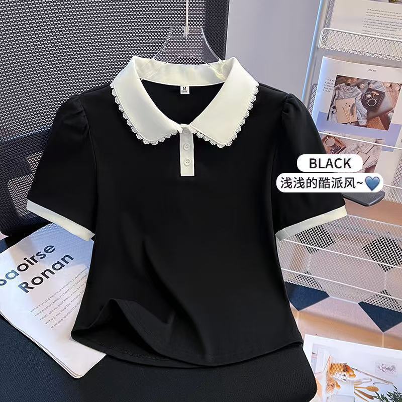 大きいサイズの女性用右肩半袖Tシャツ2025年夏新作ファットmmフェイクツーピースドールカラートップス外国風ポロシャツ|undefined