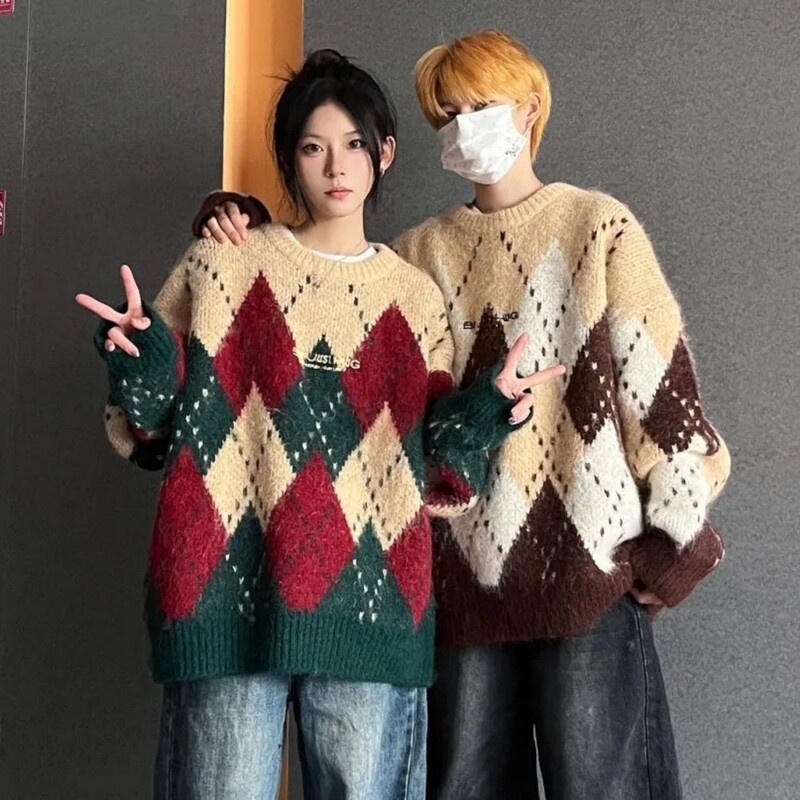 Halloween Lingge Design Sense Pullover Sweater Men's Autumn and Winter Furry Loose Lazy Knitted Top for Couple