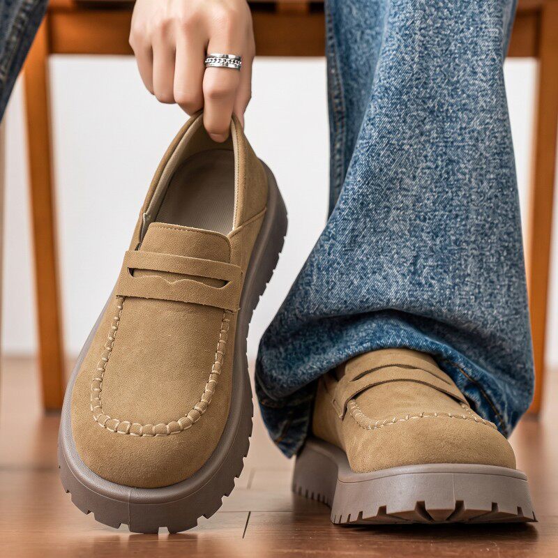 Giày lười nam da PU mũi tròn đế dày chống trượt, gót 3–5 cm — Xanh lá cây nhạtcolor, màu kaki, đen chi tiết 2