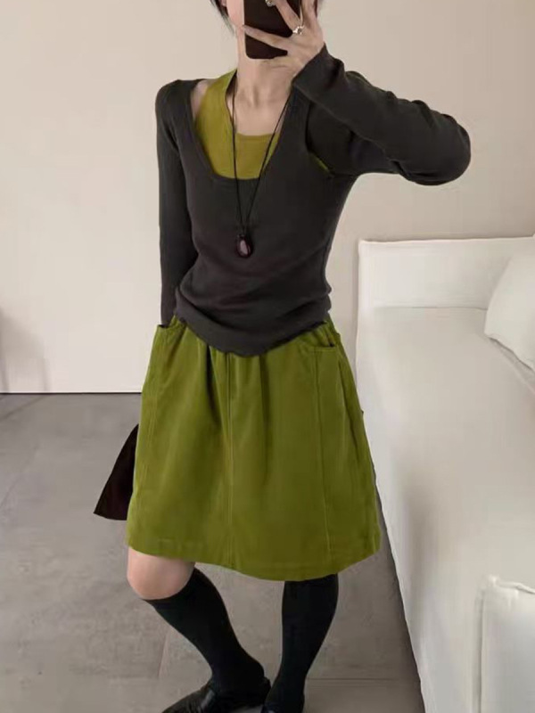 设计感撞色假两件挂脖长袖针织衫女2025秋冬新款显瘦百搭打底毛衣|undefined
