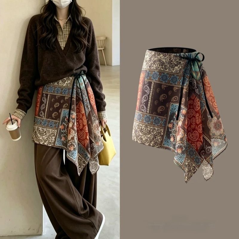Layering essential: base skirt with overlay skirt, Korean-style vintage print, side-tie skirt with curtain effect, one-piece skirt Layering essential: base skirt with overlay skirt, Korean-style vintage print, side-tie skirt with curtain effect, one-piece skirt