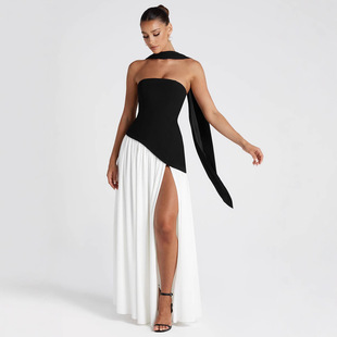 in stock 2025 autumn and winter cross-border women's new fashion temperament crew neck long sleeve slim hip stitching dress