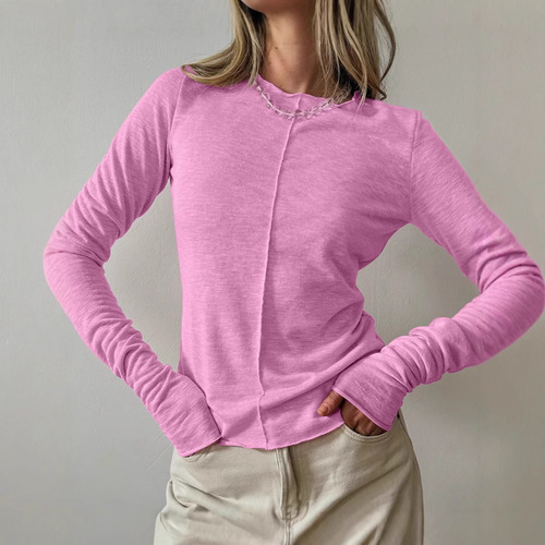 2025 autumn and winter European and American round-neck knitted bottomed shirt for women's simple fashionable splicing with white long-sleeved top for women's wear