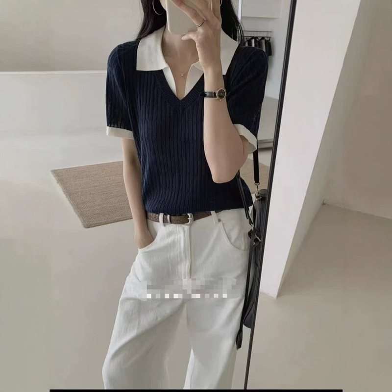Yi Fake Two-Piece French Style Color-Block V-Neck Gentle and Elegant Commuter Knit Sweater Long Yi Fake Two-Piece French Style Color-Block V-Neck Gentle and Elegant Commuter Knit Sweater Long
