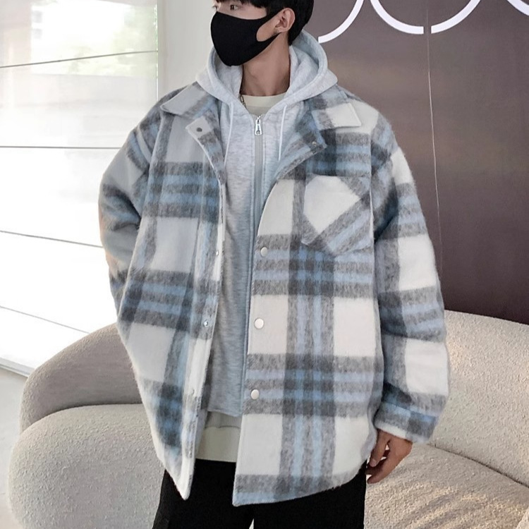 Otoño e invierno nuevo estilo americano falso abrigo a cuadros de dos piezas estilo masculino estilo nacional de moda engrosamiento cálido abrigo de lana retro con capucha