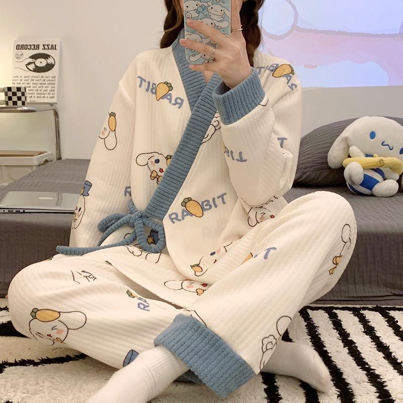 2024 플러스 뚱뚱 200캐티 임산부 3피스 인터레이어 파자마 겨울 에어 코튼 산후 모유수유 산후복