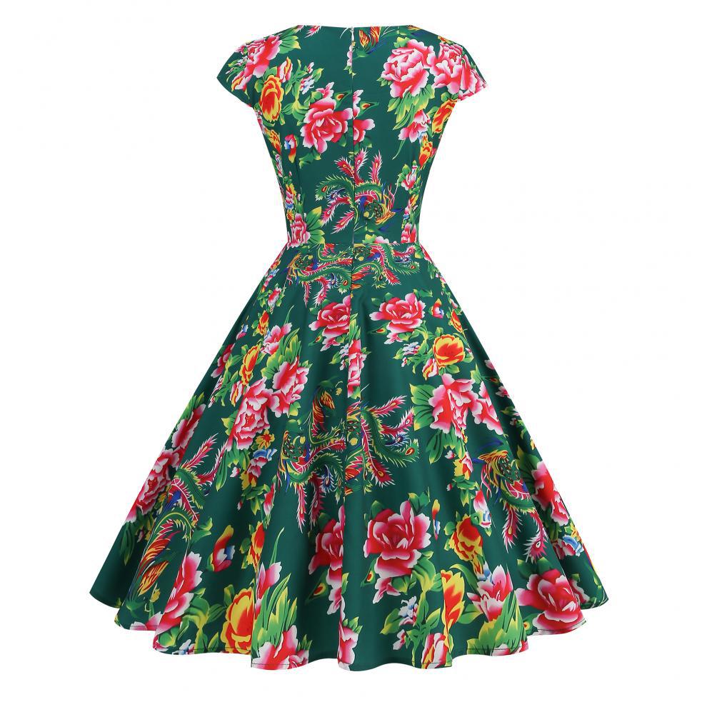 Robe amincissante à imprimé floral rétro et col en V pour femme – Robe d'été élégante mi-longue à manches courtes_voghion.com