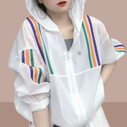 Korean-style European-style hooded sun-drying women's 2025 color-blocked patchwork summer new breathable versatile loose-fitting coat