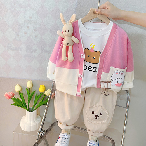 Men's and Women's Children's Set of 3 New Korean Style Spring and Autumn Season Baby Outfits Including Sweaters, Tops, and Pants 2120