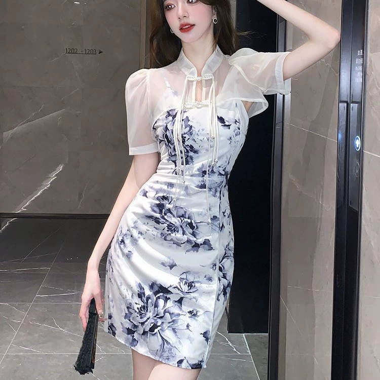 Комплект из двух предметов в китайском стиле для женщин, новая модель, элегантное платье с принтом и бретелями, летний наряд с кардиганом, улучшенный повседневный чонсам.