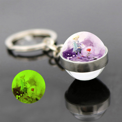 Keychain Pendant Necklace with Dual-Sided Glass Ball, Featuring the Little Prince, Fox, Glow-in-the-Dark Planet, Keychain Charm