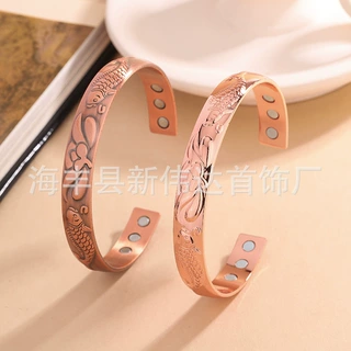 欧美复古饰品玫瑰金开口手镯 花纹镶嵌磁石保健简约手环女首饰