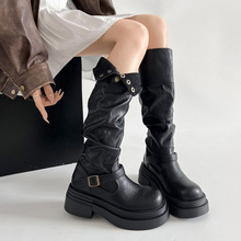 胖mm厚底靴子女翻折靴两穿2025秋冬新款时尚皮带扣西部牛仔靴粗