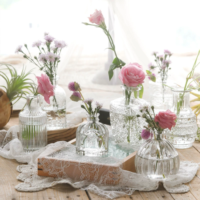 Nordic ins Style Гидропонная стеклянная Маленькая ваза Винтажная легкая Роскошная прозрачная тисненая ваза для цветов Настольные декоративные украшения