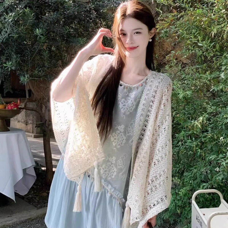 New Style Cheongsam Shawl, Knitted Hollow-Out Ethnic Style, Vacation Spring and Summer High-End Yunnan Travel Cardigan Women's Cape