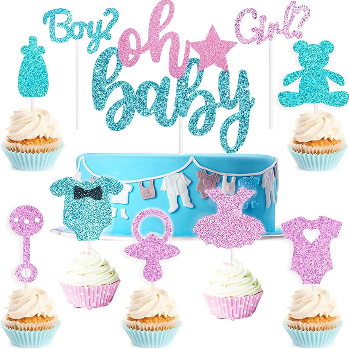 Гендерная вечеринка объявления Oh Baby Украшение для торта Карточка вставка, синий и розовый блестящие украшения для кексов