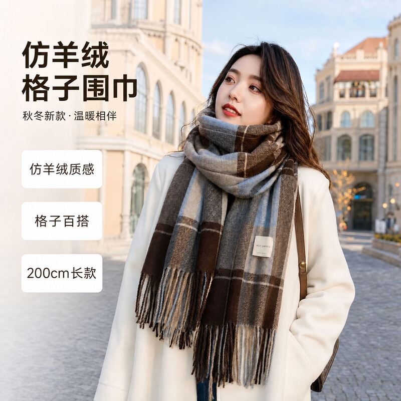 Autumn and winter new cross-border imitation cashmere plaid scarf for women, Korean version, thickened, warm, versatile shawl and neck warmer for students and couples Autumn and winter new cross-border imitation cashmere plaid scarf for women, Korean version, thickened, warm, versatile shawl and neck warmer for students and couples
