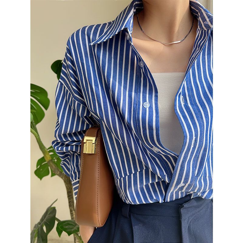 2025 New Blue Striped Shirt Women's Spring and Autumn Design Sense Niche Loose Elegant Chic Shirt Top Women 2025 New Blue Striped Shirt Women's Spring and Autumn Design Sense Niche Loose Elegant Chic Shirt Top Women