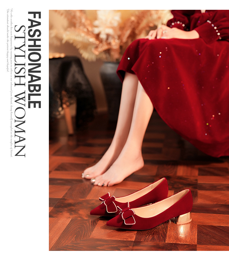 3333H-058 Low Heel Pointed Toe Suede Bow Festive Wedding Party Shoes Comfortable Red High Heels_voghion.com