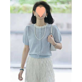 蓝色蕾丝边薄款短袖针织衫女2025新款夏季超好看独特漂亮短款上衣