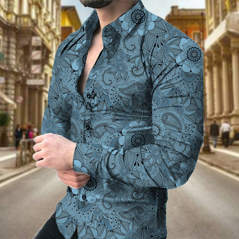 Cross-border independent station European and American fashion retro flowers and plants pattern digital printing men's long-sleeved shirt foreign trade supply