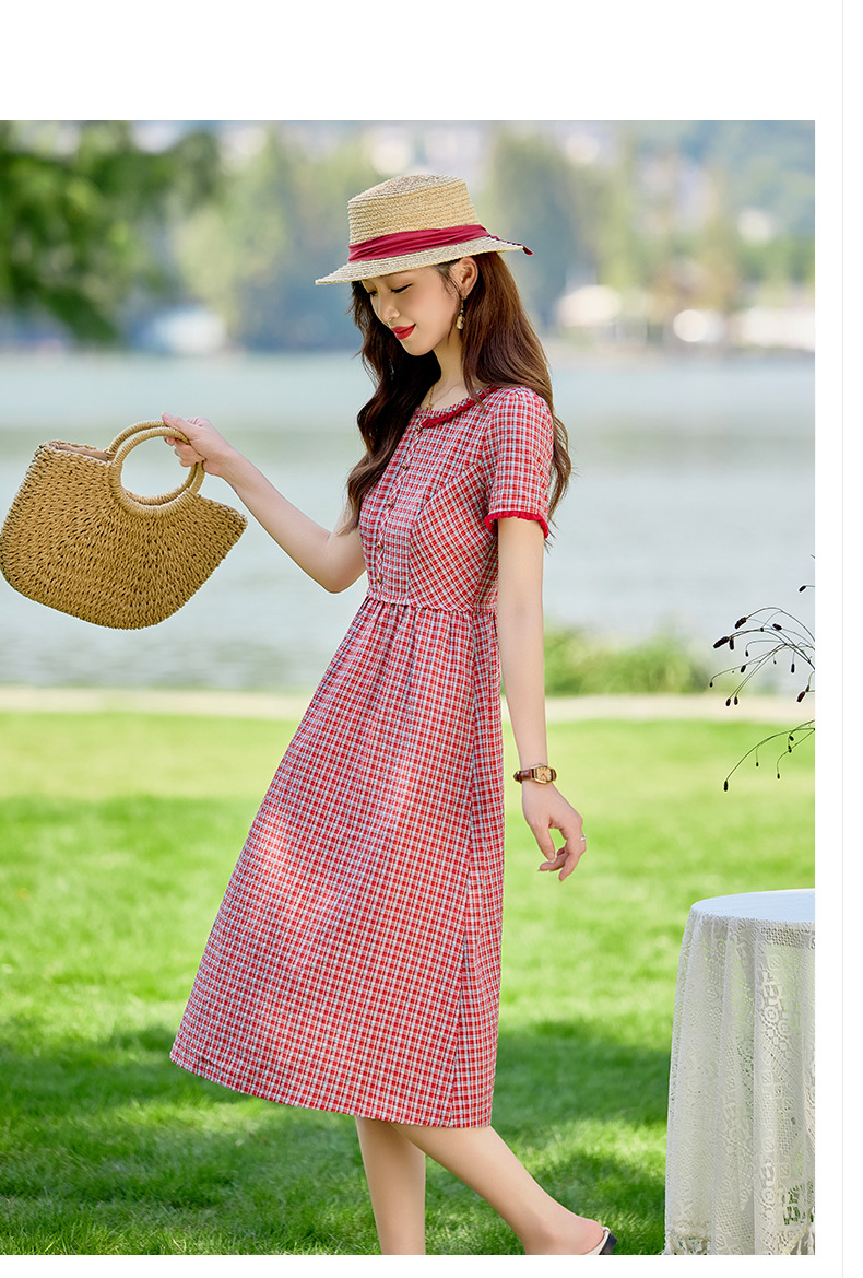 Đầm maxi nữ thắt eo cổ tròn họa tiết kẻ caro vintage — Màu ảnh chi tiết 13