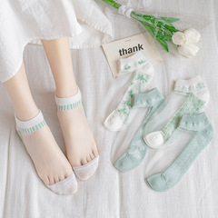 Pure Cotton Base Summer Glass Fiber Socks with Mint Green and Blue College Style Versatile Japanese School Girl Crystal Short Socks