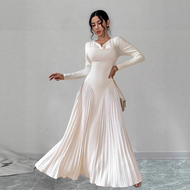 European and American Cross-Border Fashion Elegant Lv Women's Solid Color Waist-Cinching Puffy Pleated Long-Sleeve Long Dress