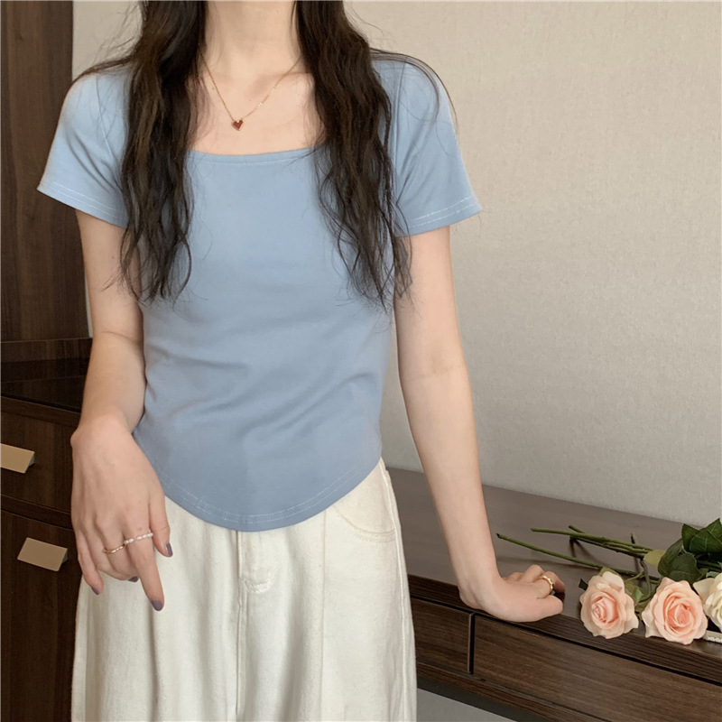 175g Weight Short Sleeve Sleeve Length Polyester Fabric Type Short Top Length T-shirt Tops Type Casual, Daily Occasion Square Neck Neckline Slim Fit Type Solid Color Pattern Spring, Autumn Season Women's Gender Casual, Simple Style Style Wholesale Women's Casual Simple Style Solid Color Short Sleeve T-Shirts 5