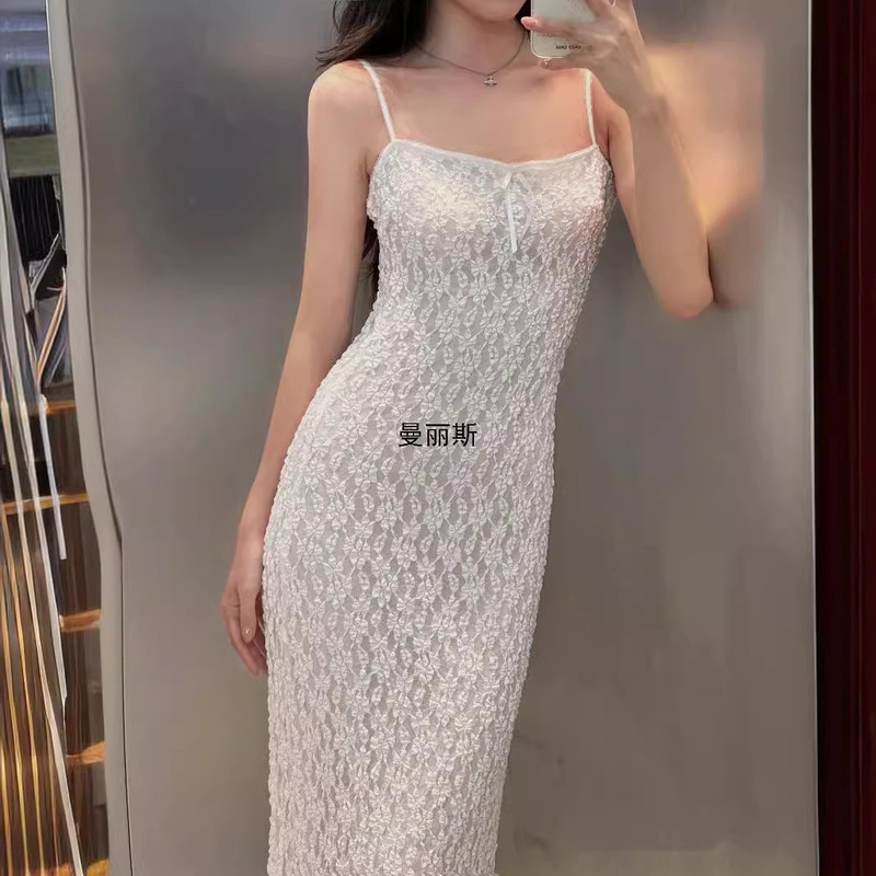 Z Cross-Border Supply Mature Style Long Dress for Women Elegant Semi-Transparent Lace Slim Fit Strap Dress for Women 3067357