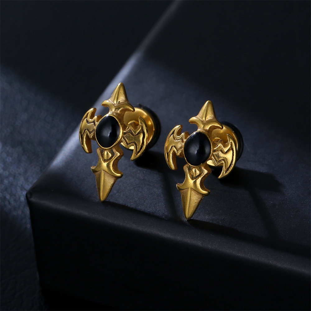 Retro Oval Stainless Steel Inlay Artificial Gemstones Ear Studs 1 Pair