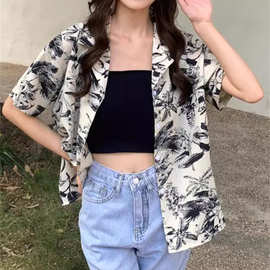 夏季女宽松短袖印花衬衣中式水墨印花复古碎花设计感百搭潮流上衣