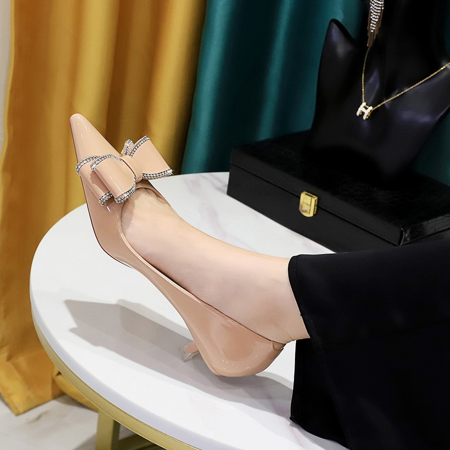 237-H35 Korean Style Fashion Party Shoes, Stiletto Mid-Heel, Shallow Mouth, Pointed Toe, Patent Leather, Rhinestone_vogvips.com