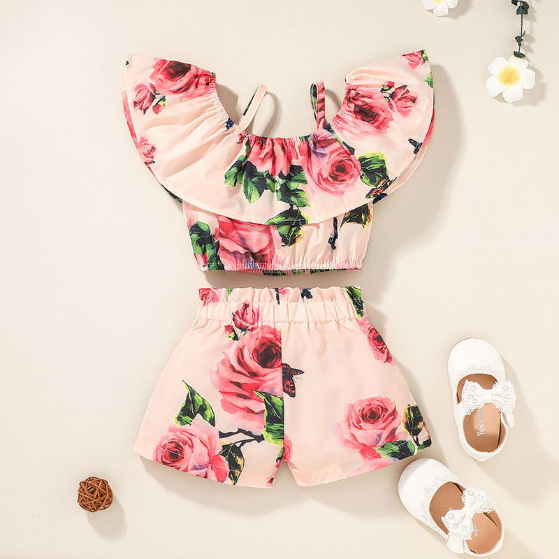 Europäische Und Amerikanische Rosa Hosenträger Shorts Zweiteiliger Anzug Sommer Baby Mädchen Druckanzug display picture 4