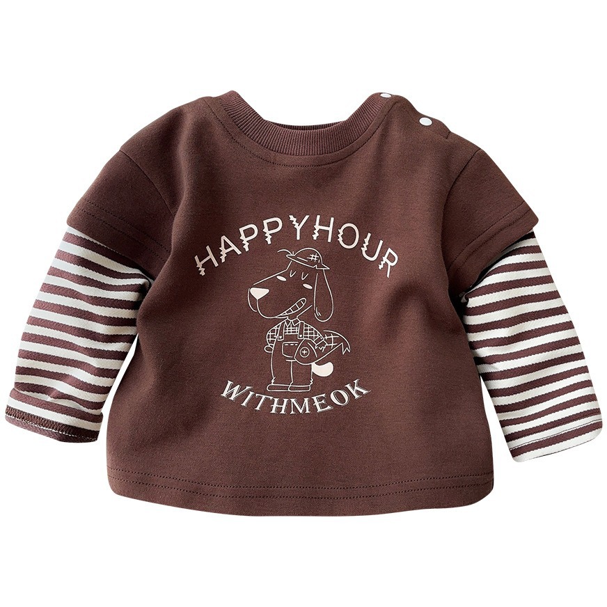 2024 otoño nuevo producto ropa para niños impresión de dibujos animados falso dos versión coreana de la moda fresca suéter de la calle frito tops de todo fósforo para niños