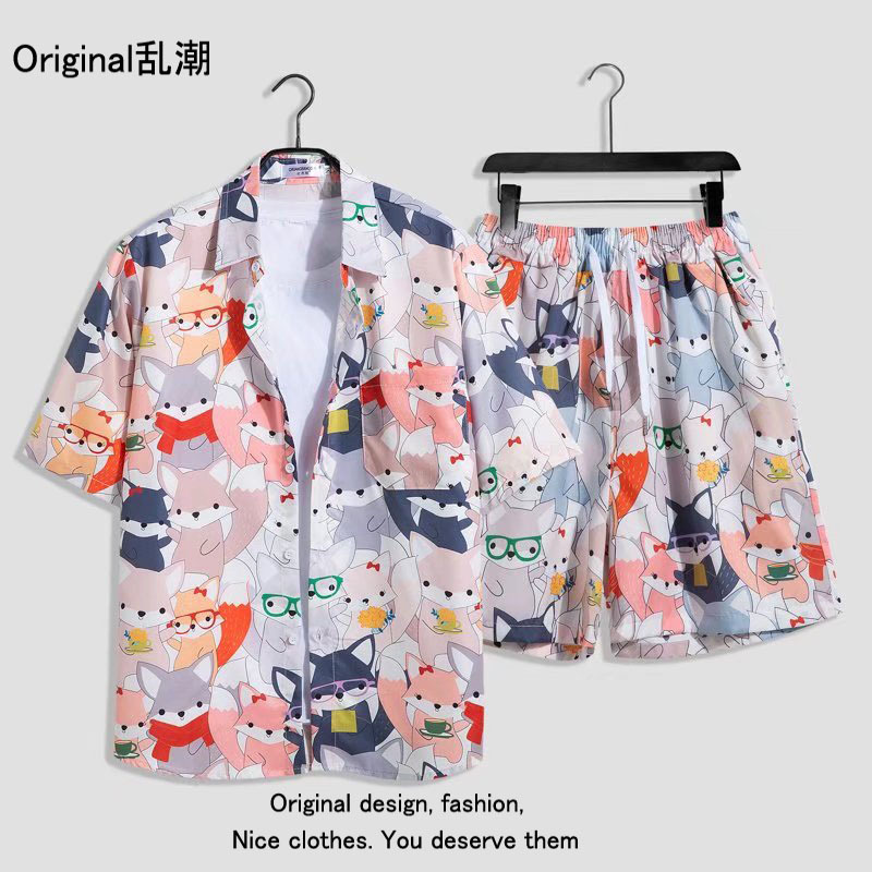 Verano playa floral camisa de manga corta traje de los hombres sueltos ins retro completo impreso pantalones cortos camisa de dos piezas