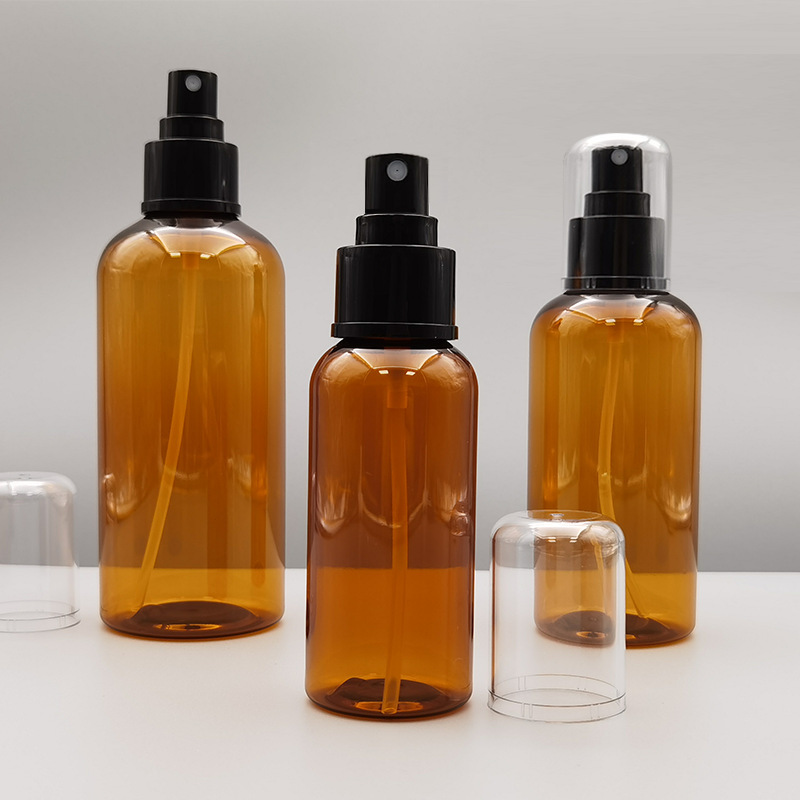 スポット 100ML 茶色 PET プラスチック詰め替えボトル 200ML ラウンドフルカバーブラックプレスハイドロゾルボトル|undefined