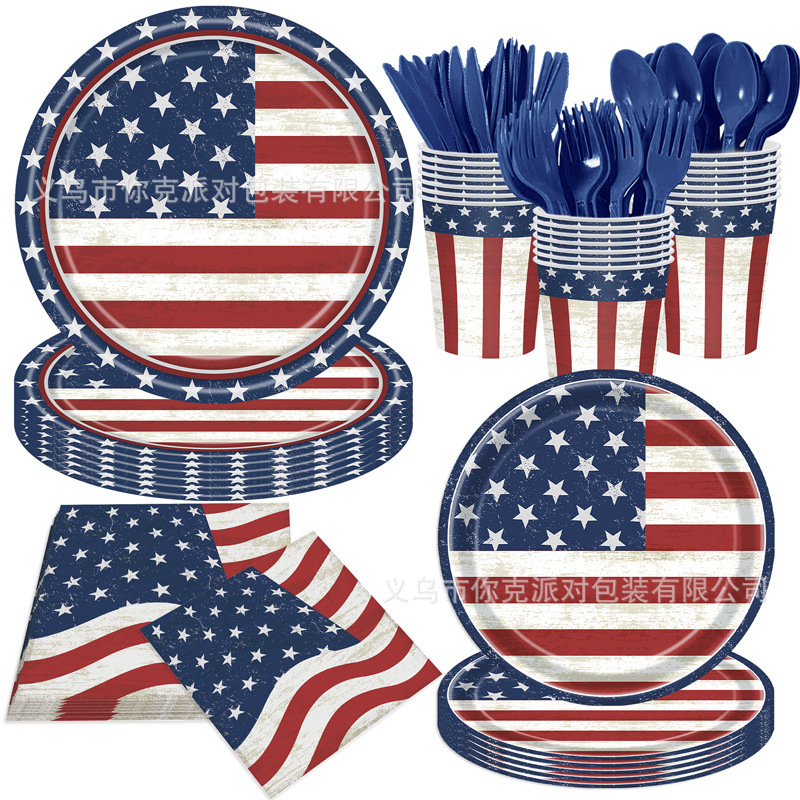Vintage Independence Day Paper Plates Disposable Paper Cups Tissue American Flag Dinner Plates Festival Party Tableware Stars Stripes