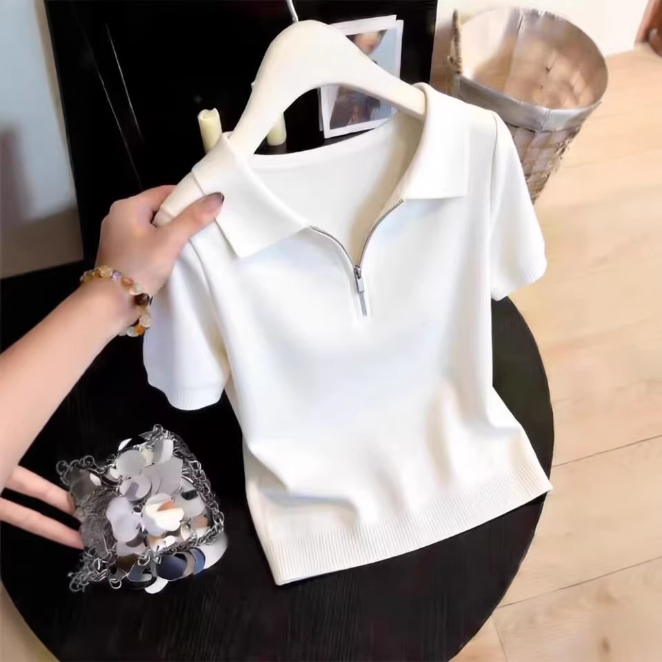 Áo thun polo nữ thiết kế dây kéo phong cách trẻ trung — trắng