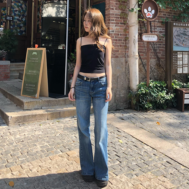 American-Style Dark Blue Bamboo Pattern Low-Waist Flared Jeans for Women, New Spring Style, Loose Fit, Slimming Bell-Bottom Pants for Petite Figures