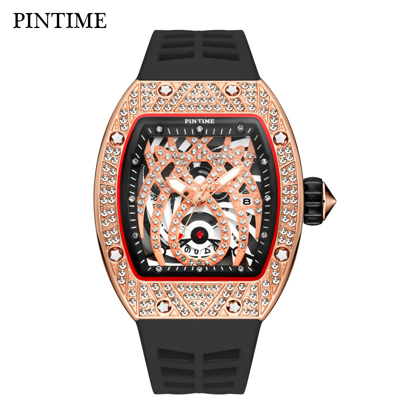 Pinshi Watch Dropshipping European and American Best-Selling Full Diamond Barrel-Shaped Quartz Watch Men's Mechanical Style Watch Watch