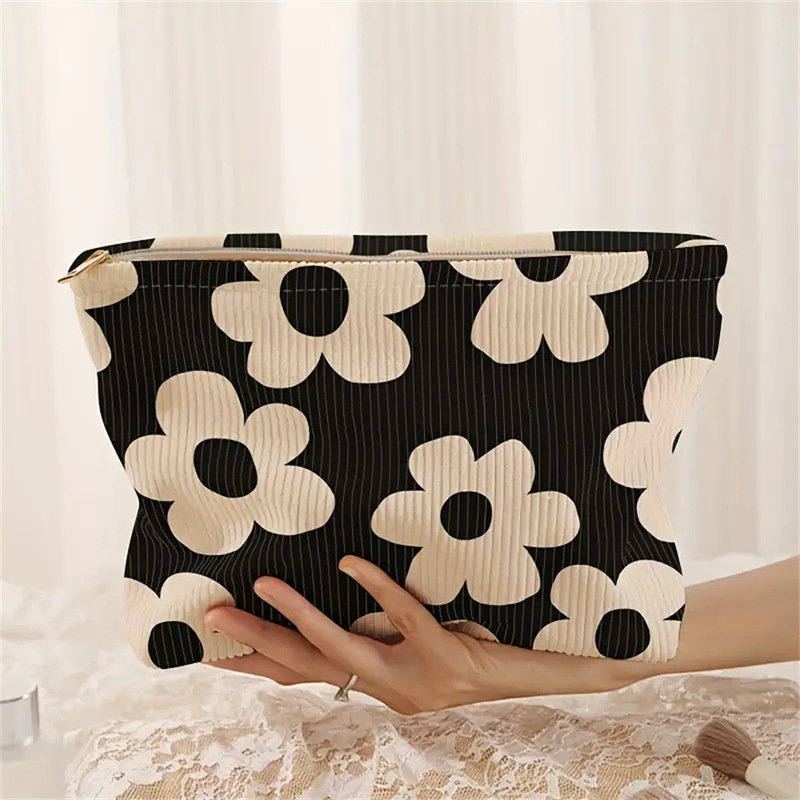 Shein Amazon Temu Hand-Painted Cartoon Large Floral Corduroy Zipper Storage Bag Lightweight Cosmetic Bag