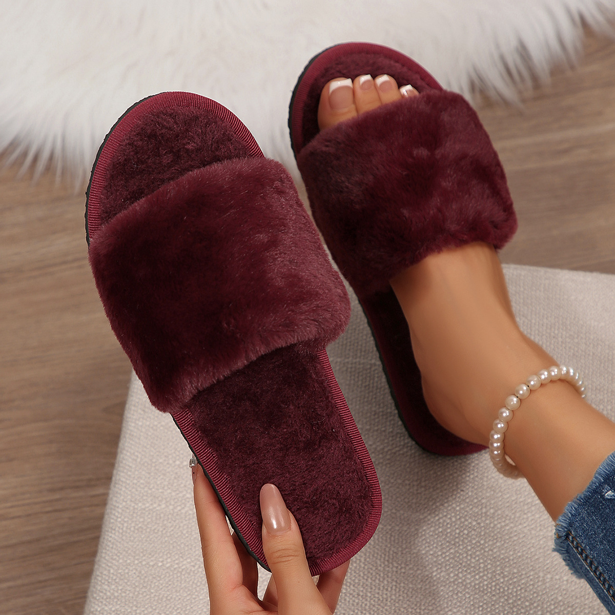 Pantuflas Peludas de Mujer de Peluche Sintético, Cálido y Cómodo, para Uso Diario