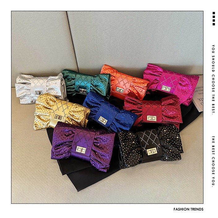 Paquete de cena de damas transfronterizas, paquete de fiesta de lujo ligero de diamante, paquete de cena de mano de arco de arco de oro de alto nivel