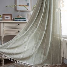 布爸爸跨境亚马逊窗帘成品条纹绣花绿色卧室帘乡村风格半遮光飘窗