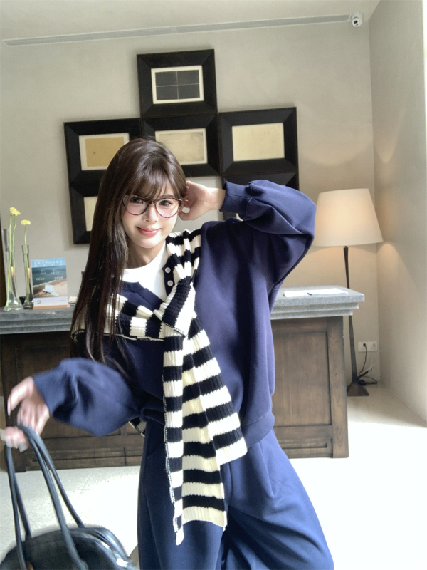 慵懒风套装条纹披肩撞色假两件卫衣女秋季拖地休闲裤运动裤两件套|undefined