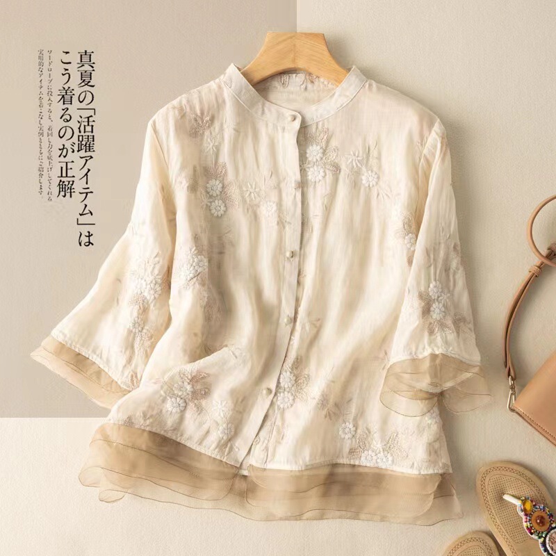 Embroidered Ramie Top for Women, Three-Quarter Sleeves, Cotton and Linen Lace Splicing Blouse, Women's Artistic Retro Style, New Summer 2026 Model