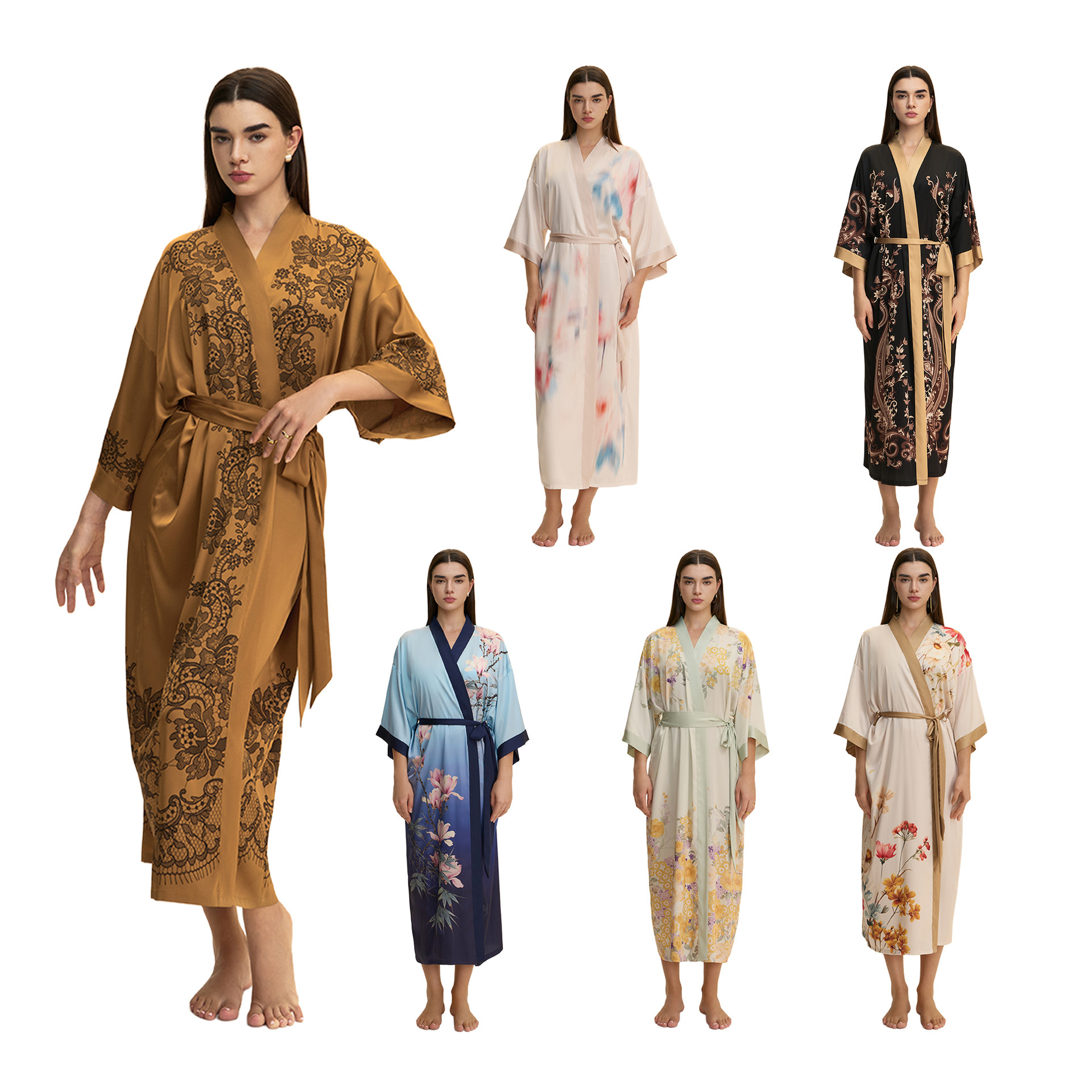 Moda transfronteriza nueva impresión floral satin chiffon camisa kimono damas cuello bata elegante ropa WP3978
