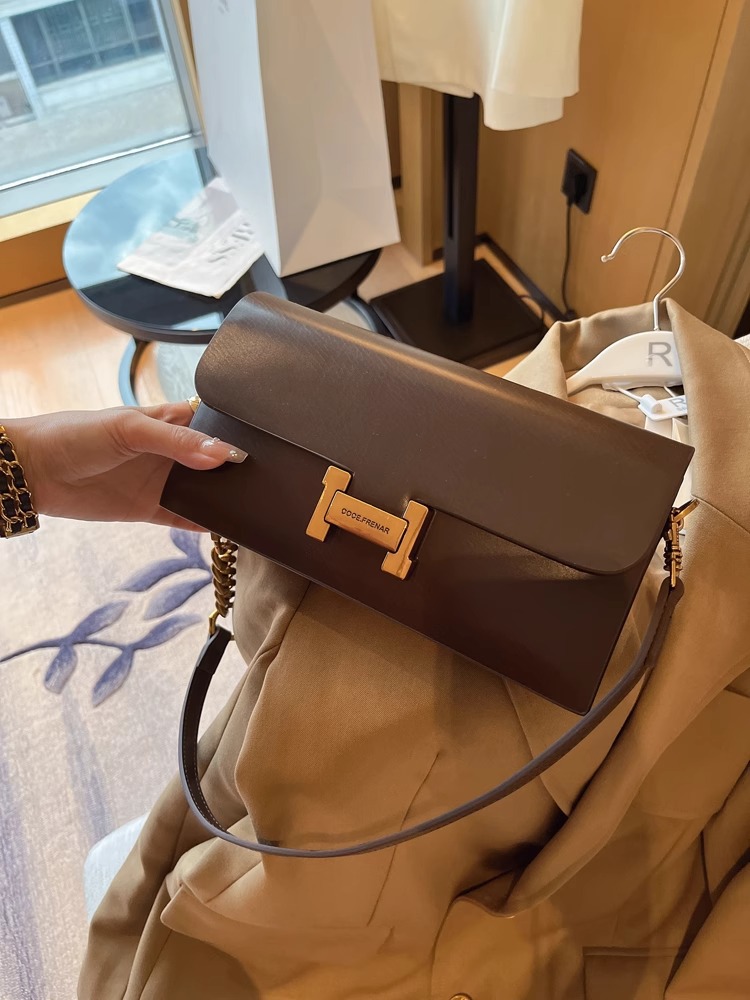Túi đeo chéo nữ dáng baguette retro sang trọng, quai xích, phong cách thời thượng — Màu đen, Màu đỏ gốm, Màu mơ than chì, Ánh trăng trắng chi tiết 11