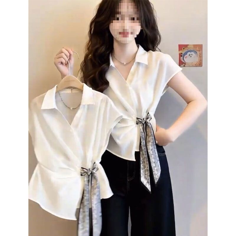 Elegant and Stylish Blouse with a Silk Scarf Design, White Tie-Up French Collar, Beautiful Waist-Cinching Short-Sleeve Shirt for Women in Summer Elegant and Stylish Blouse with a Silk Scarf Design, White Tie-Up French Collar, Beautiful Waist-Cinching Short-Sleeve Shirt for Women in Summer